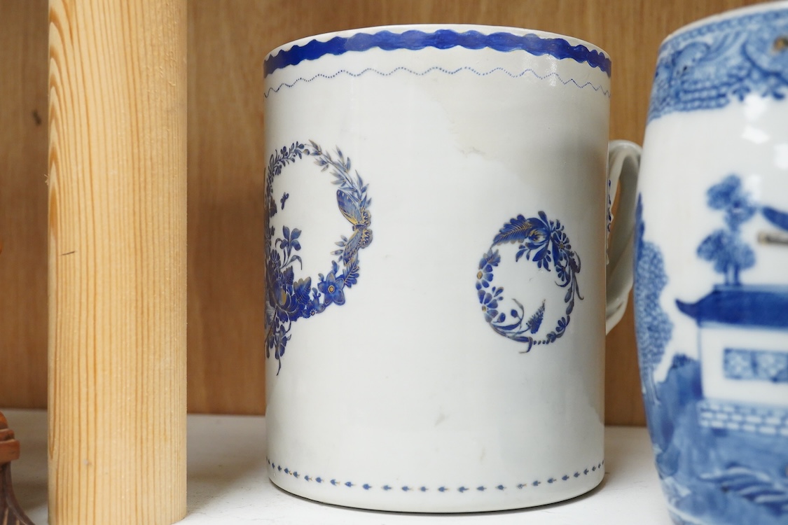 Four 18th century Export and later Chinese mugs to include a blue and white example, (a.f), largest 15cm high